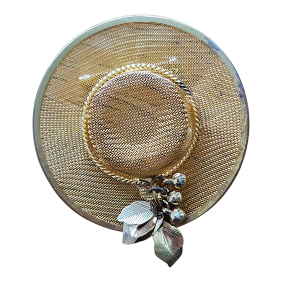 Source Unknown Accessories - Gold Tone Metal Mesh  Hat with Leaf Accents Brooch